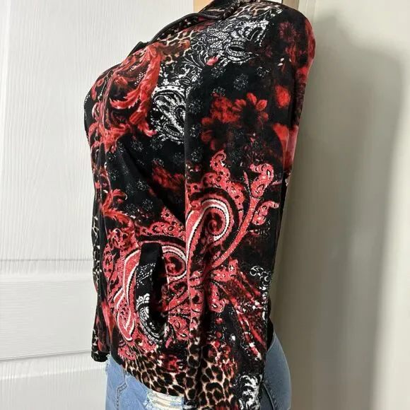 Onque Women's Jacket Size Large Black Red Paisley Floral Full Zip faux velvet - Picture 3 of 7